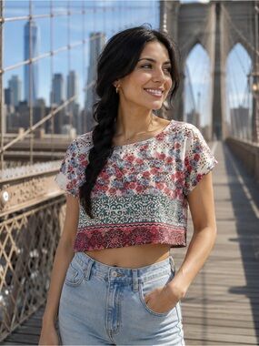 American Rag Floral Border Print Crop Top - Cream, Pink, Green